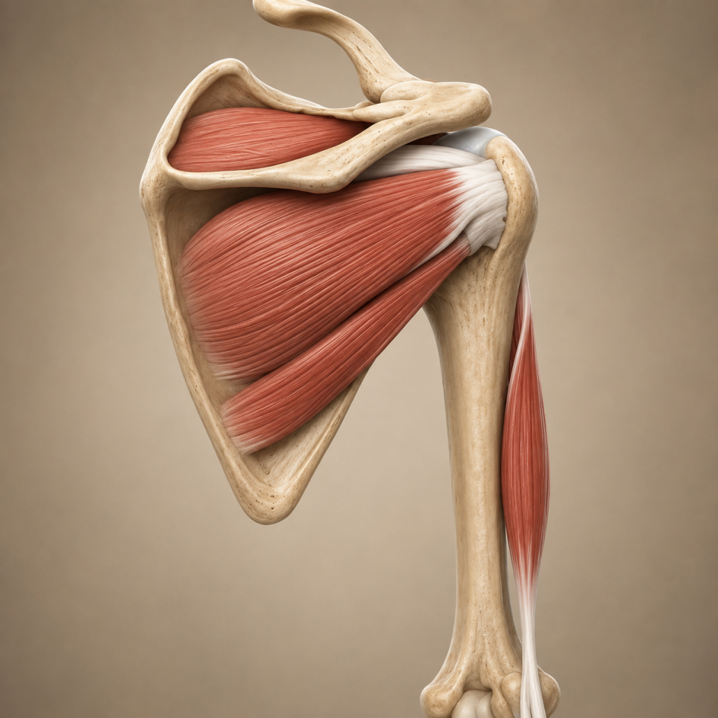 Anatomía de los músculos del manguito rotador desde una visión posterior: supraespinoso, infraespinoso, redondo menor, subescapular y tendón largo del bíceps