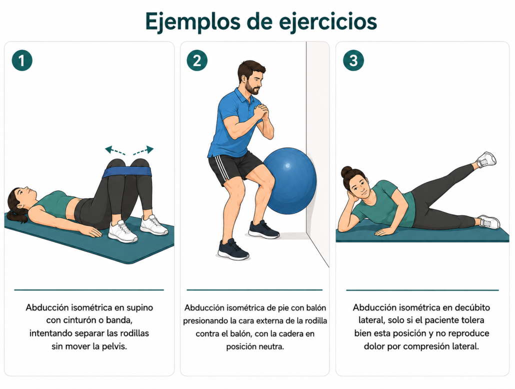 Imagen con ejemplos de ejercicios en la fase 1 de una tendinitis del glúteo