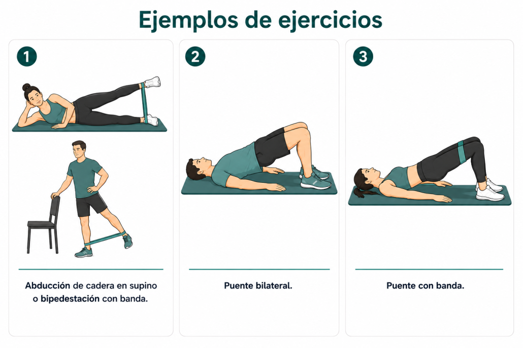 Imagen con ejemplos de ejercicios en la fase 2 de una tendinitis del glúteo
