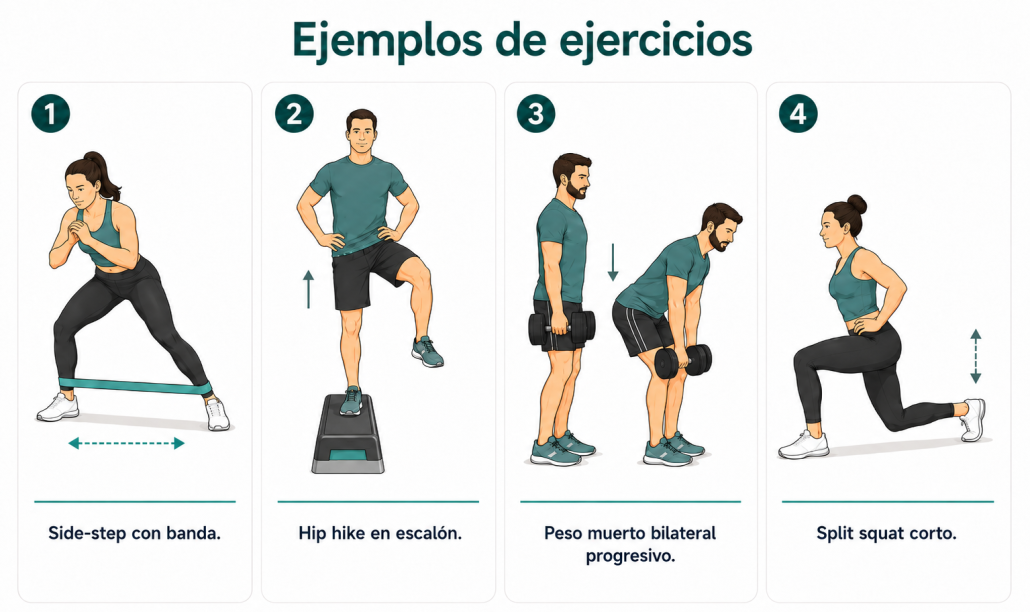 Imagen con ejemplos de ejercicios en la fase 3 de una tendinitis del glúteo