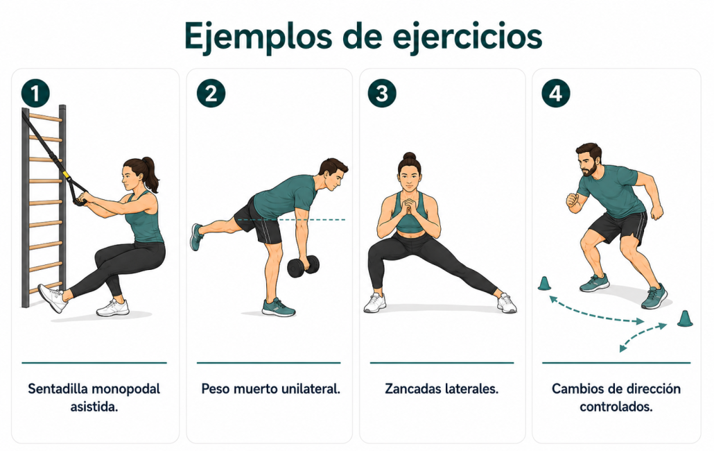 Imagen con ejemplos de ejercicios en la fase 4 de una tendinitis del glúteo